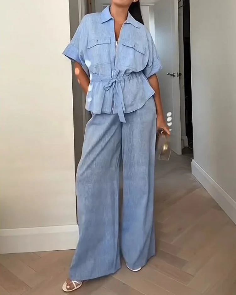 Lapel drawstring waist two piece suit