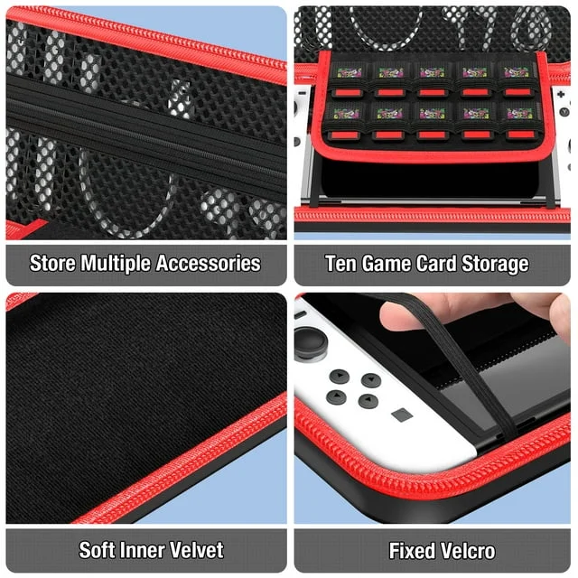 QQV Switch Carry Case Compatible with Switch OLED/Switch Console, Hard Shell Protective Portable Switch Carrying Case Travel Bag with Pockets for Accessories and with 10 Games Storage, Black