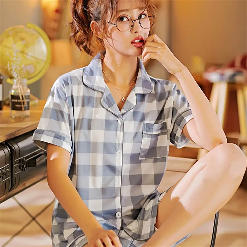 Grid Pattern Short Pajamas Set Women Pijamas Homewear Sets Soft Comfortable Pyjamas Female's Lingerie Sleepwear Short Pants Suit