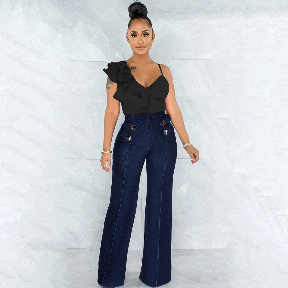 CM.YAYA Women Camis Solid Ruffles Spaghetti Strap V-neck Tops Sexy Night Club Clothing Summer Fashion Top Tees Female 2021