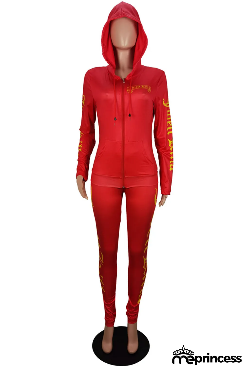 Red Fashion Sportswear Print Split Joint Hooded Collar Long Sleeve Two Pieces