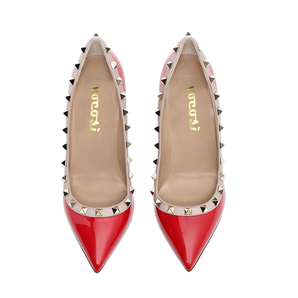 100mm Women's Sexy Pointy Toe Studs Stilettos High Heels Rivets Shoes Red Patent-vocosishoes