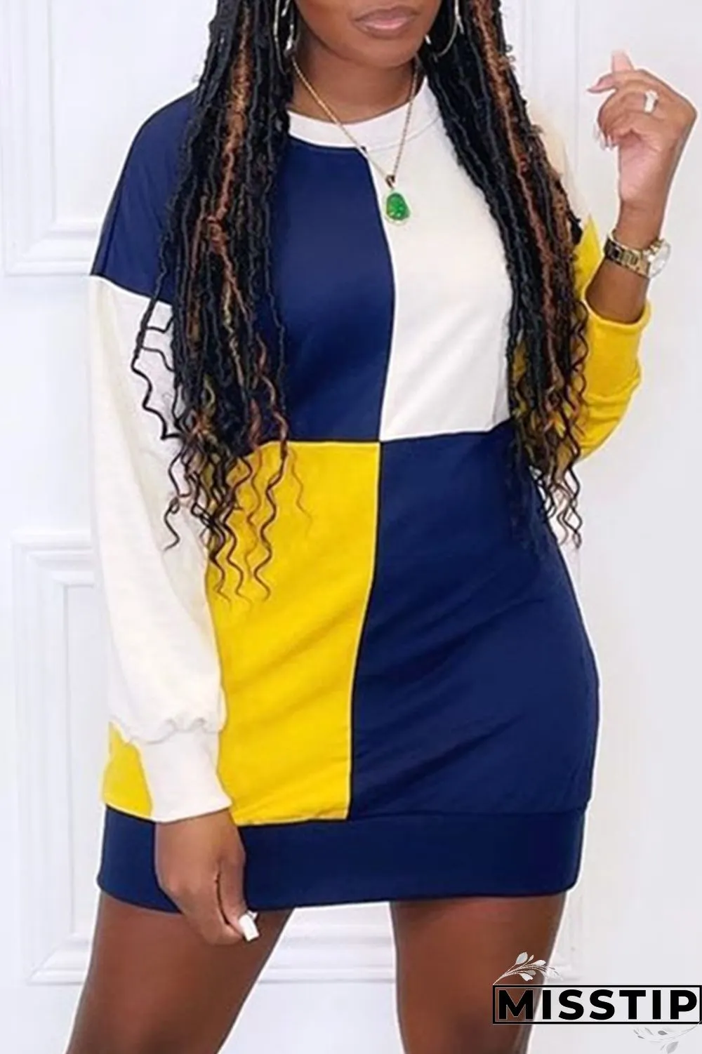 Pink Fashion Casual Patchwork Basic O Neck Long Sleeve Dresses