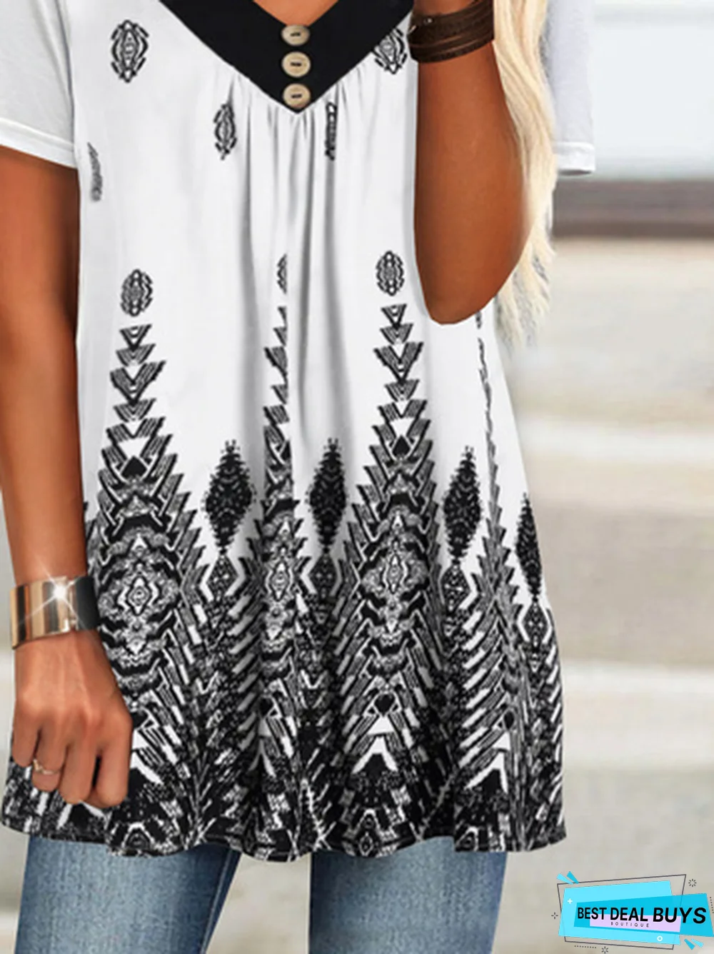 Geometric Tribal Printed Casual V Neck Loosen Plus Size Short Sleeve T-Shirt