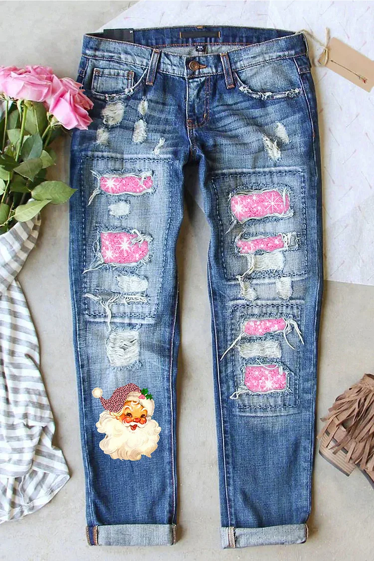 Pink Christmas Santa Print Denim Jeans