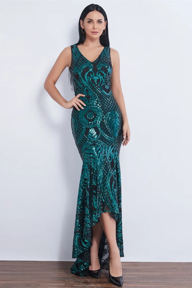 Gorgeous Sleeveless Green Sequins Prom Dress Long mermaid Hi-Lo Evening Party Gowns
