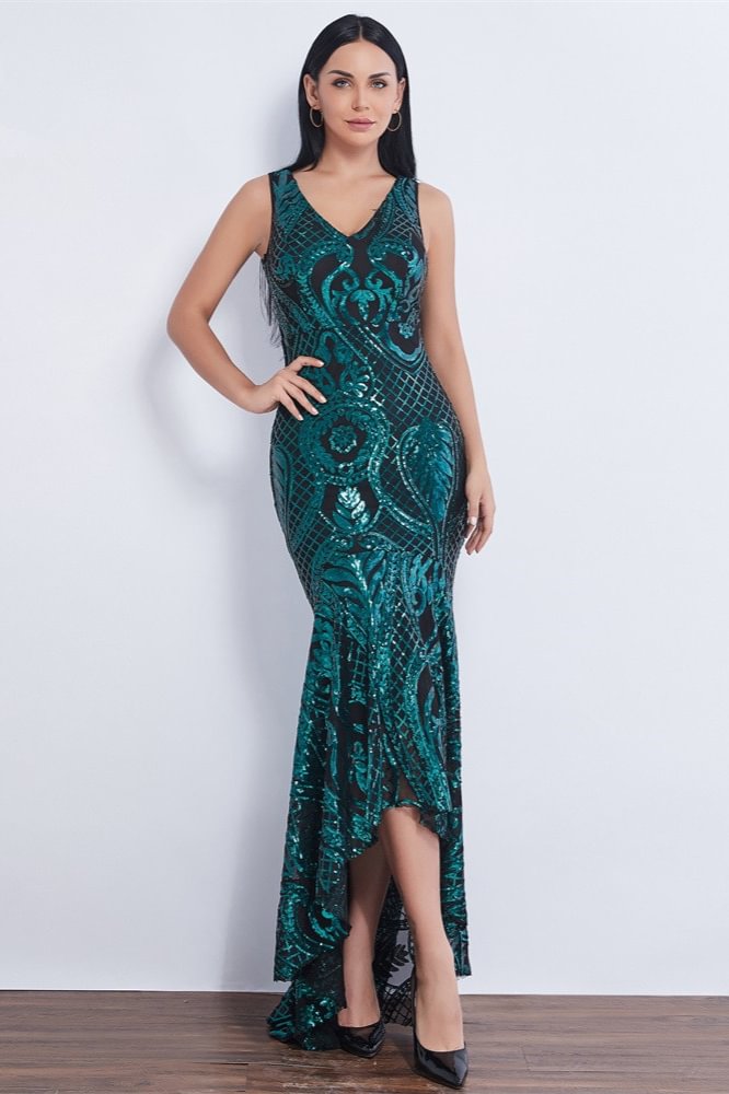 Gorgeous Sleeveless Green Sequins Prom Dress Long mermaid Hi-Lo Evening Party Gowns - lulusllly