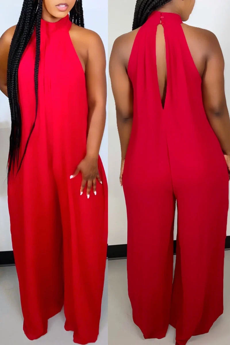 Fashion Casual Daily Solid Cut Out Halter Loose Jumpsuits