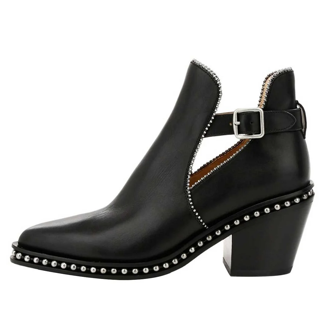 YDN Black Studded Chunky Heel Buckle Strap Pointed Toe Ankle Boots