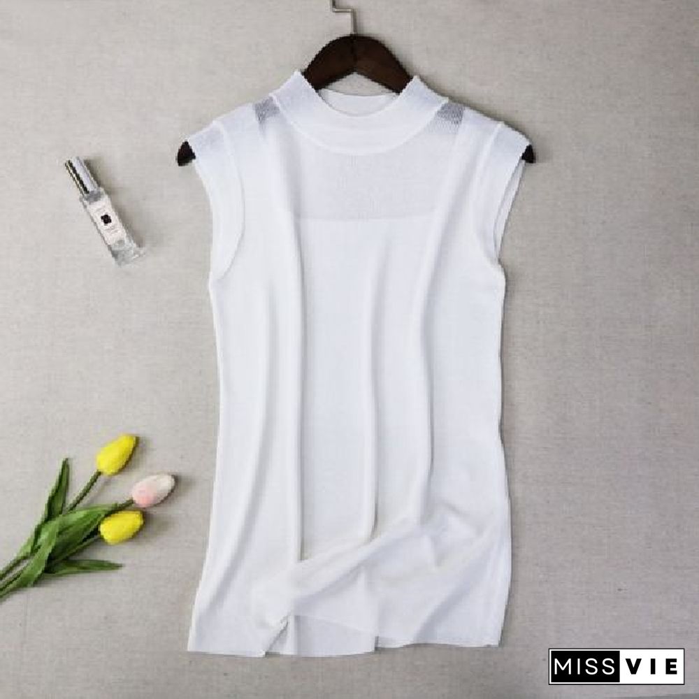 Hollow Out Sleeveless Women Knitted T Shirts Turtleneck Black Lace Sexy Lady Vest T Shirts Pink Loose Summer Thin Knit Tops