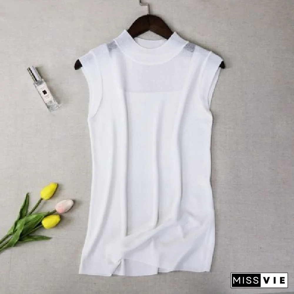 Hollow Out Sleeveless Women Knitted T Shirts Turtleneck Black Lace Sexy Lady Vest T Shirts Pink Loose Summer Thin Knit Tops