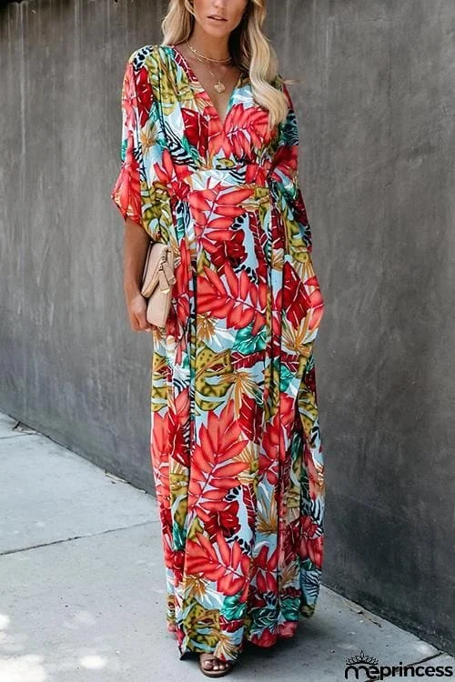 Floral Print V Neck Maxi Dress