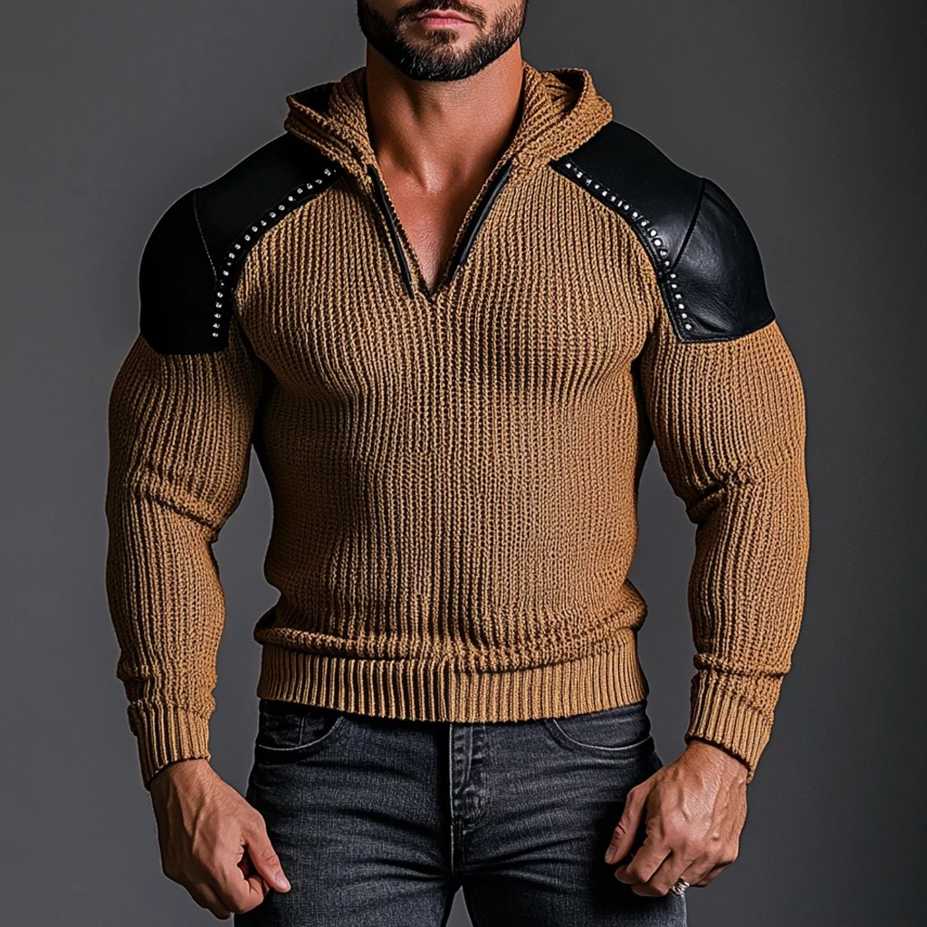 Men's Knitted Leather Patchwork Personalized Hoodie-inspireuse