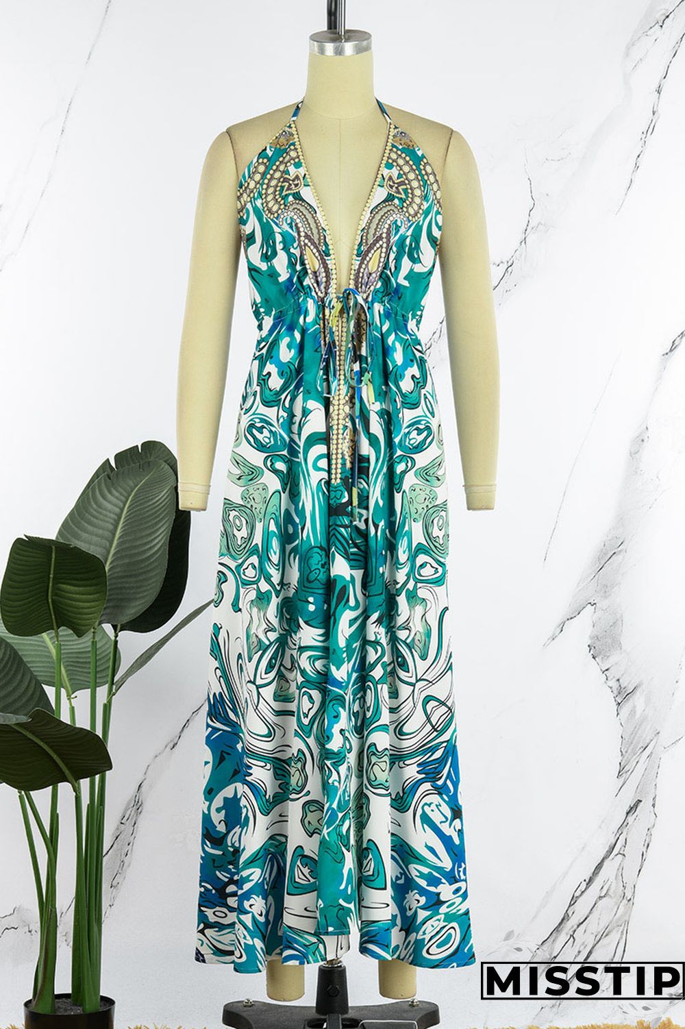 Colour Sexy Vacation Print Patchwork Backless Halter A Line Dresses