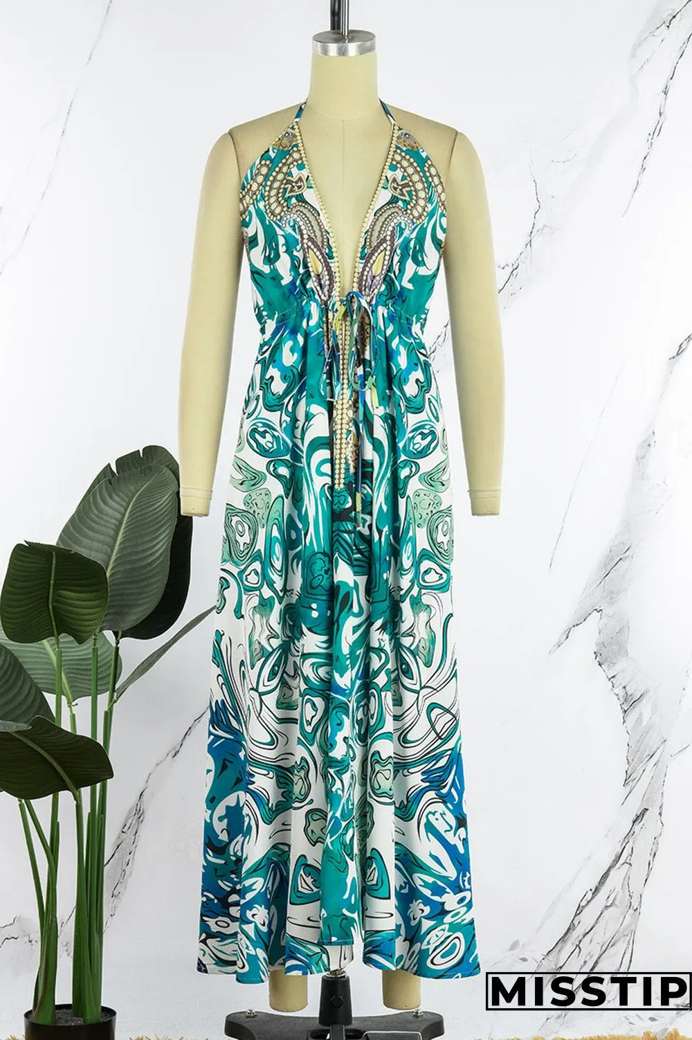 Colour Sexy Vacation Print Patchwork Backless Halter A Line Dresses