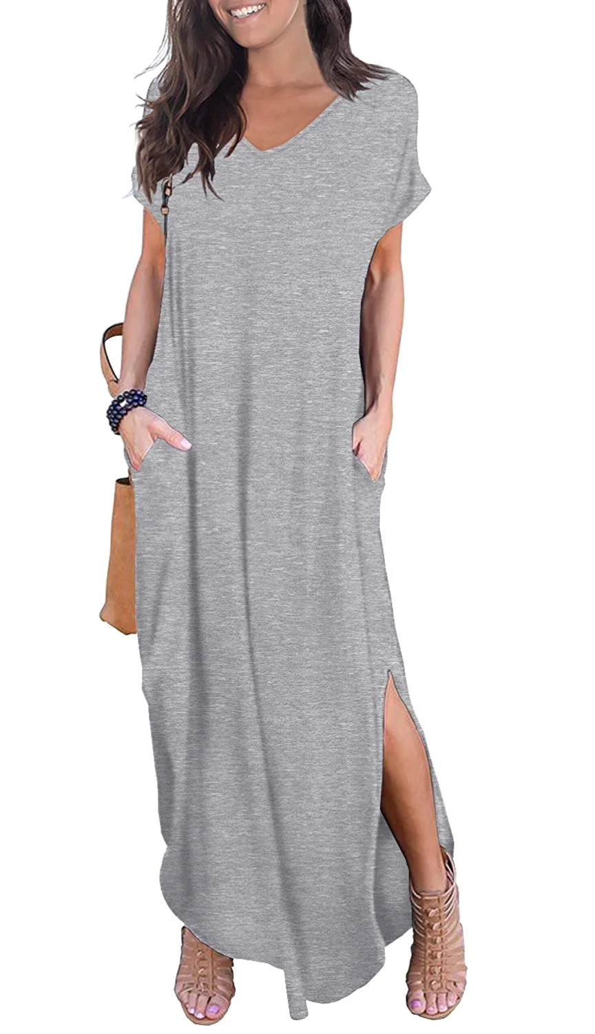 Women's Short Sleeve Split Maxi Dresses Casual Loose Pocket Long Dress