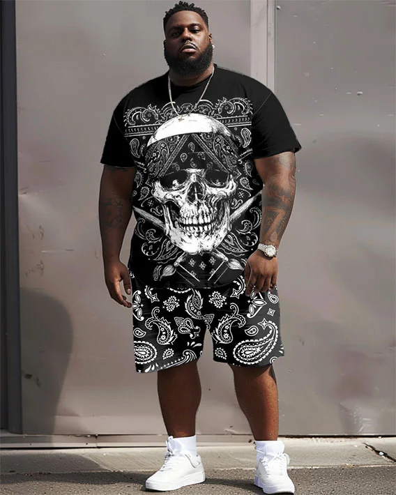 Men's Plus Size Street Hip Hop Skull Paisley Print T-Shirt Shorts Suit