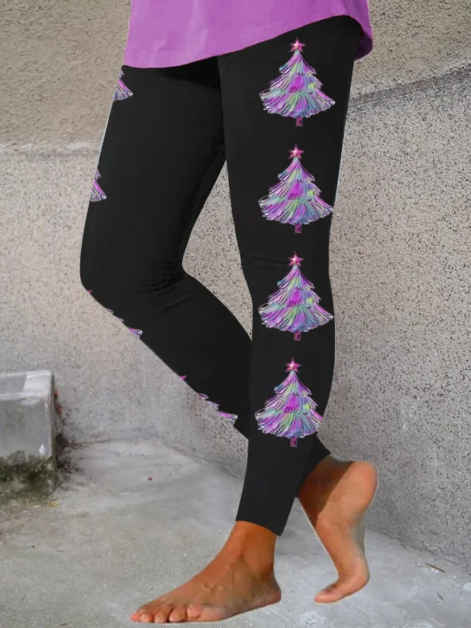 Women's Purple   Christmas TreePrint Stretch Leggings