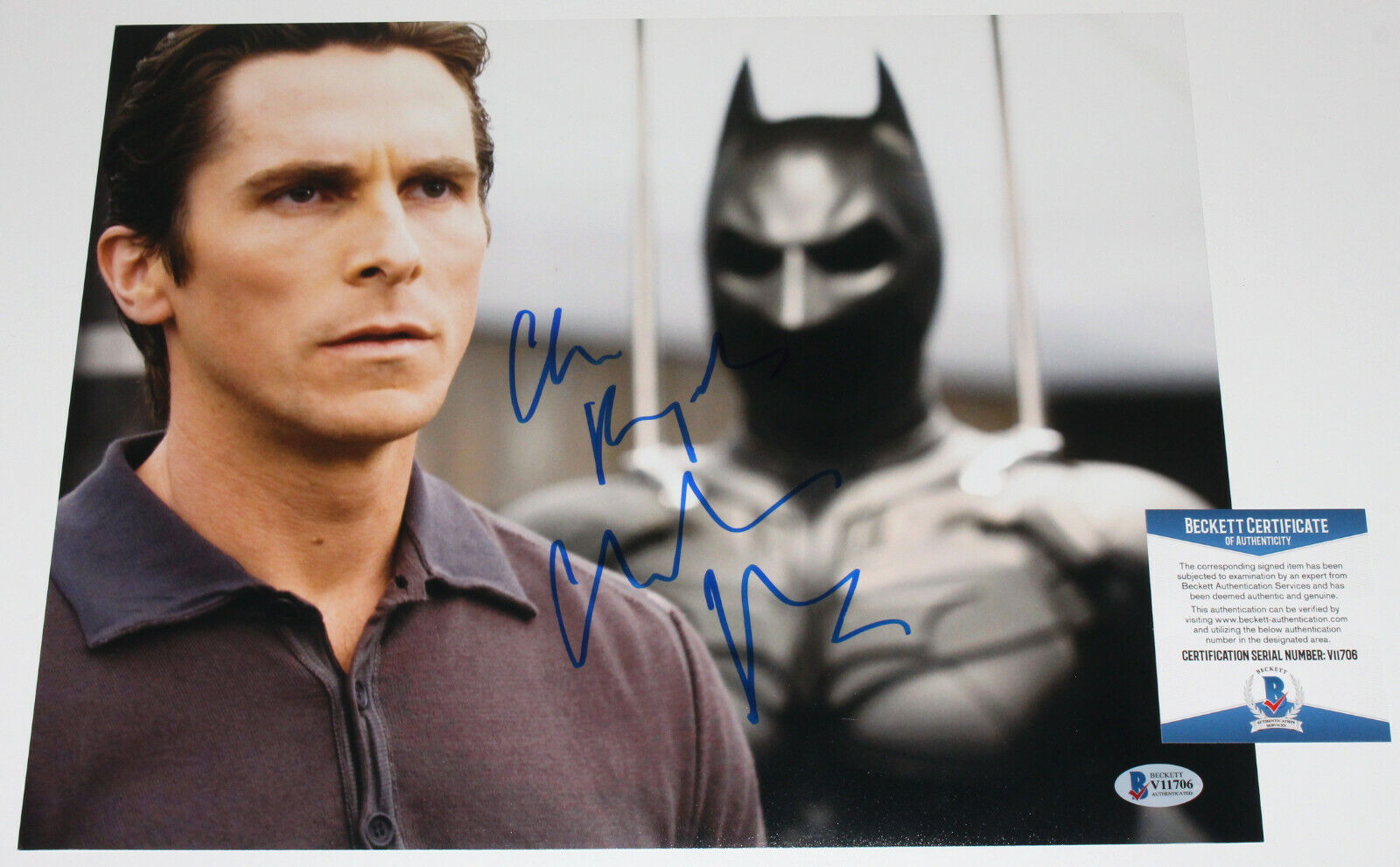 CHRISTIAN BALE SIGNED BATMAN THE DARK KNIGHT 11x14 MOVIE Photo Poster painting BECKETT COA BAS