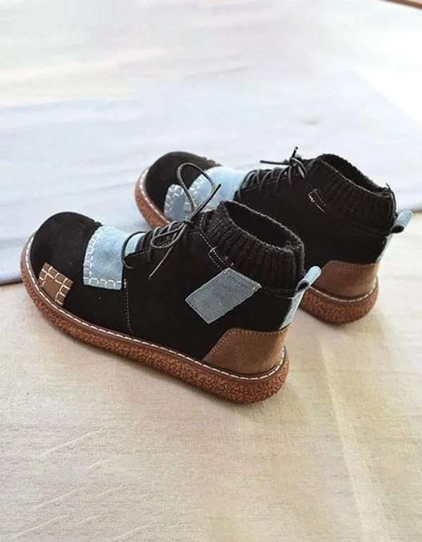 Khaki Stitching Handmade Retro Winter Ankle Boots