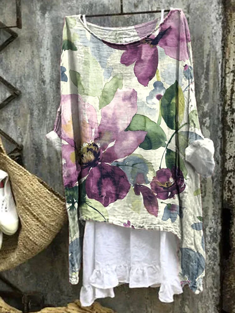 Watercolor Floral Print Cozy Cotton Linen Shirt-mysite