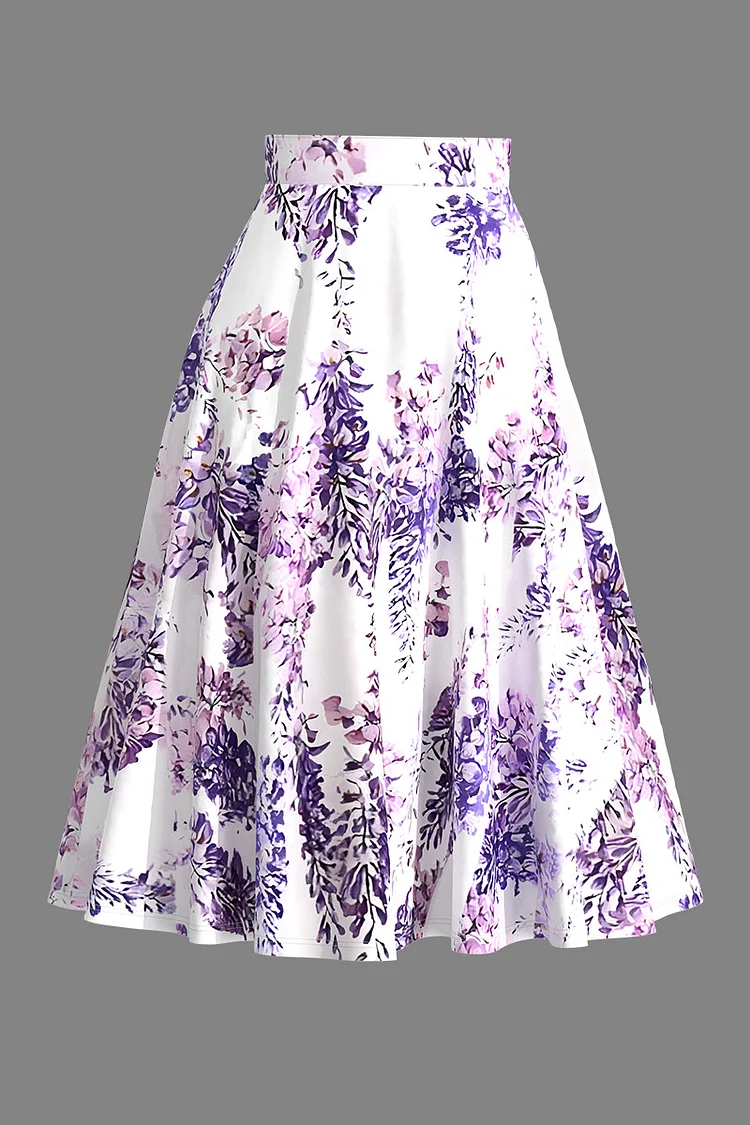 Flycurvy Plus Size Casual Purple Floral Print Drawstring Lace-Up Pleated Skirt  Flycurvy [product_label]