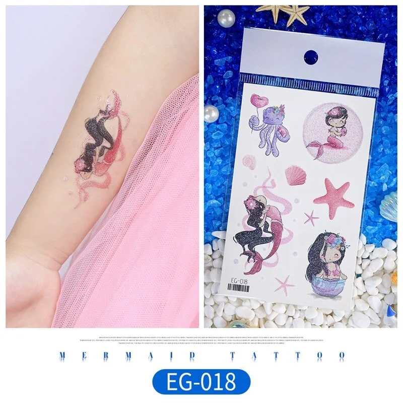 12 kinds Glitter Powder Temporary Tattoo Cartoon Mermaid Ocean Stickers tatouage temporaire Disposable Party Makeup