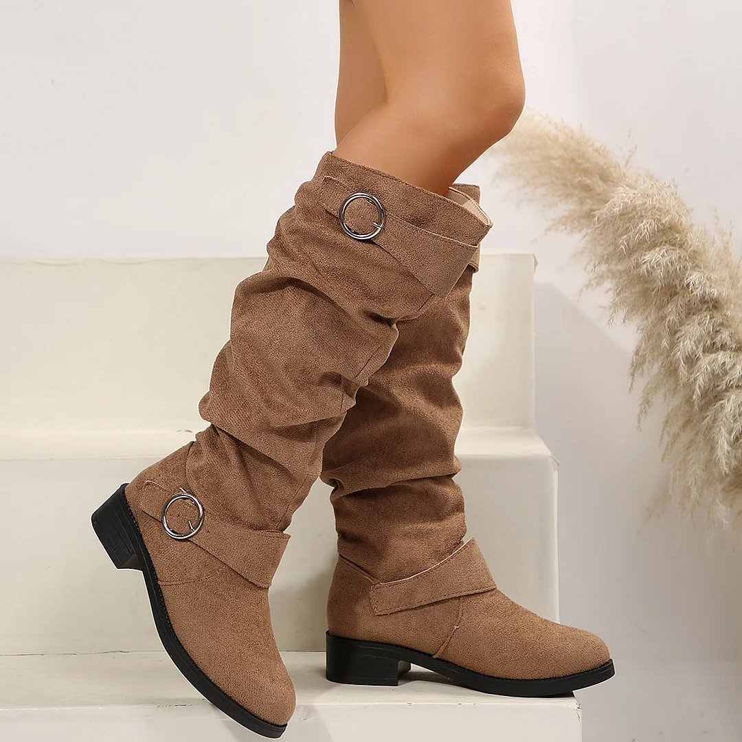Yyvonne And Winter New Folded Flat Bottom Western Cowboy Boots Buckle Boots Coarse And Thin Barrel Knight Boots