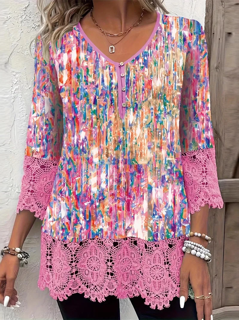 Women's 3/4 Sleeve V-neck Printed Graphic Tops