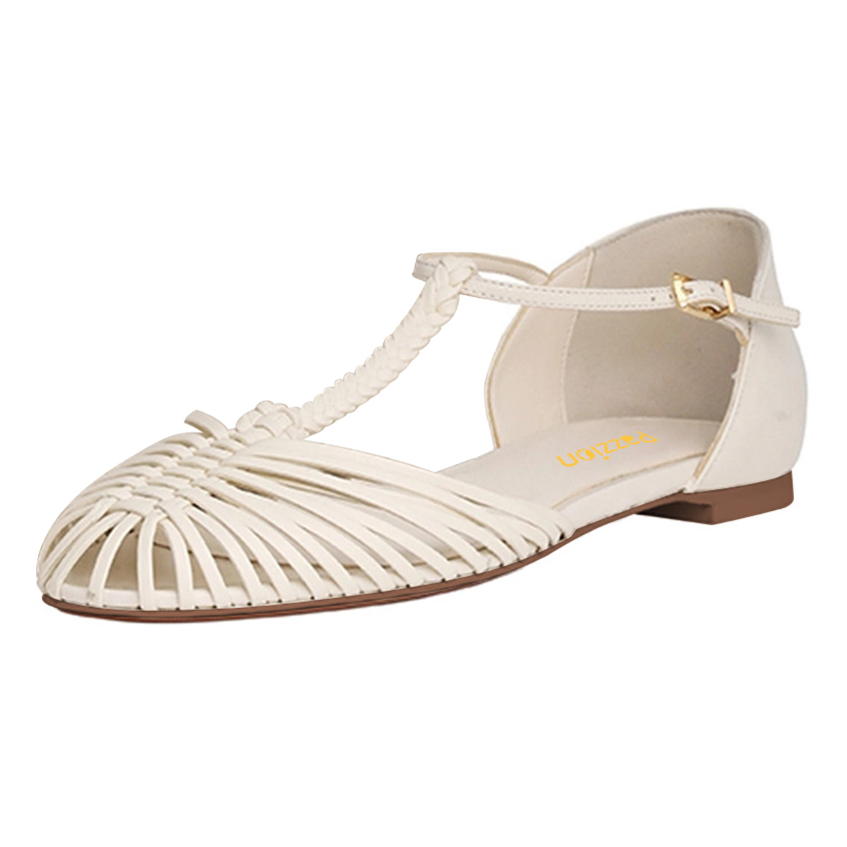 Ivory Woven T-Strap Cut-Out Round Toe Buckle Flat Shoes Women Nicepairs