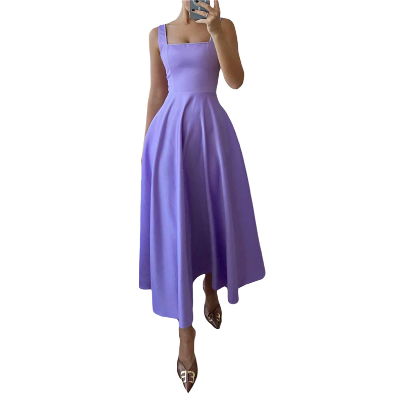 Proslotss fancy dress code Women Sleeveless A-Line Dress Summer Solid Color Square Neck High Waist Party Dress for Beach Cocktail Club Streetwear