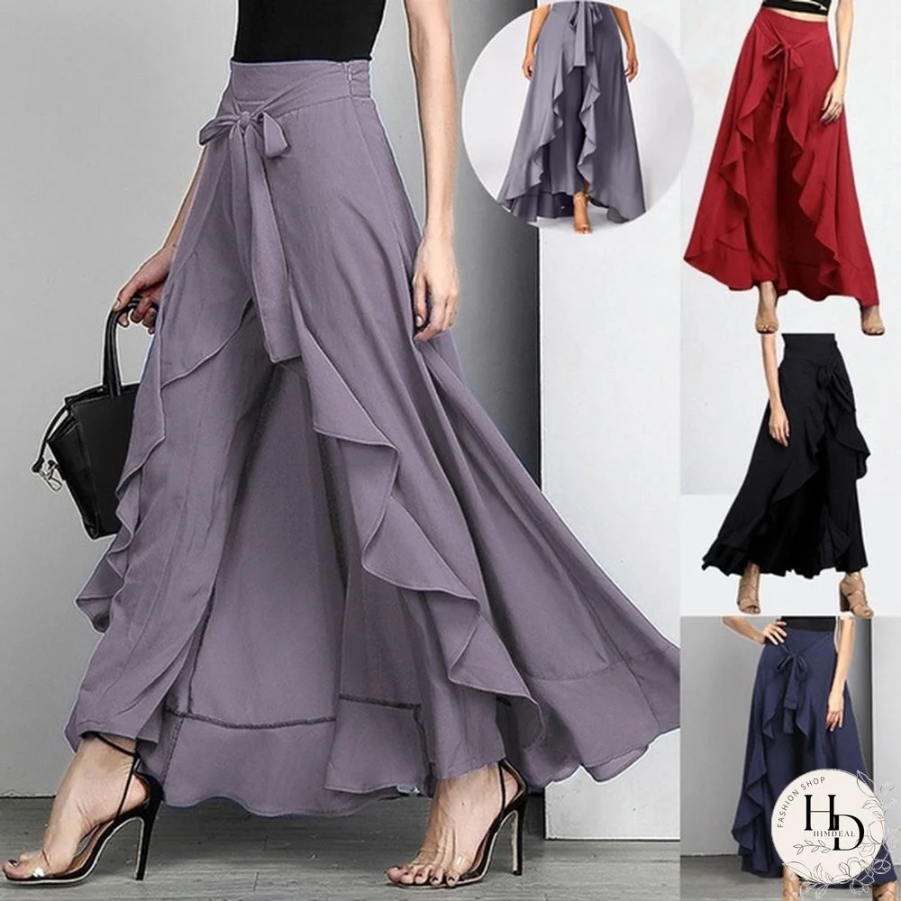 Ladies Fashion Chiffon Tie-Waist Skirt Pants Women Spring Summer Ruffle Palazzo Elegant Wide Leg Loose Skirt Pants Long Pants Trousers