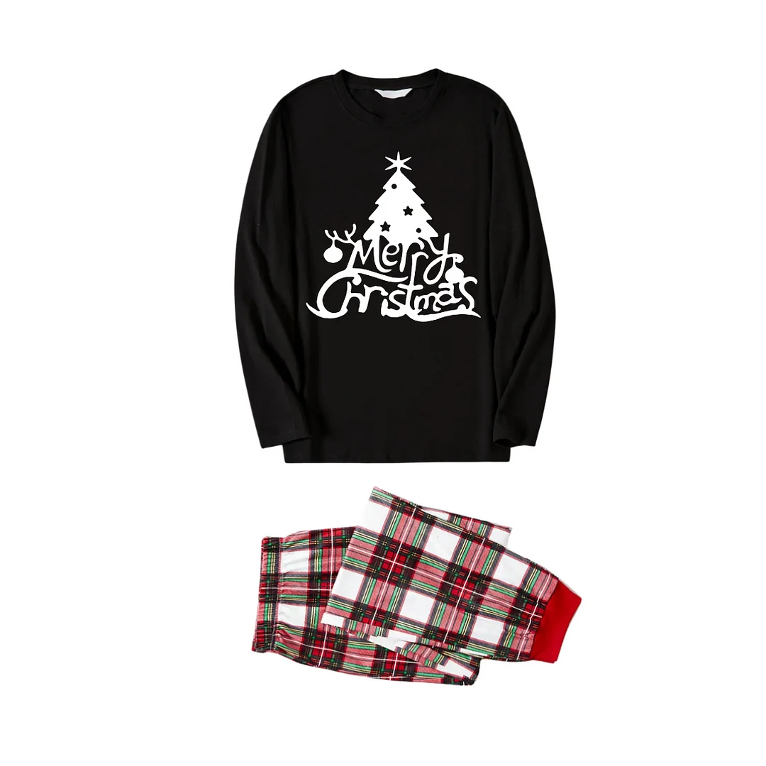 Christmas "Merry Christmas" Text and Tree Print Black Long Sleeve Top with Red & White & Green Plaid Family Matching Pajamas