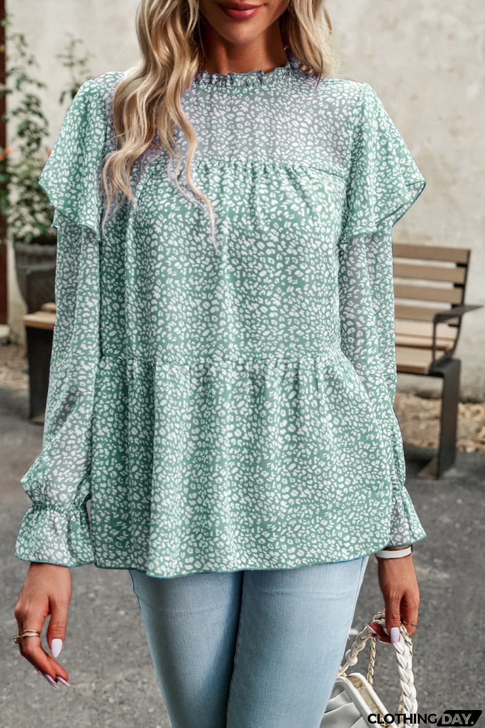 Printed Round Neck Flounce Sleeve Blouse