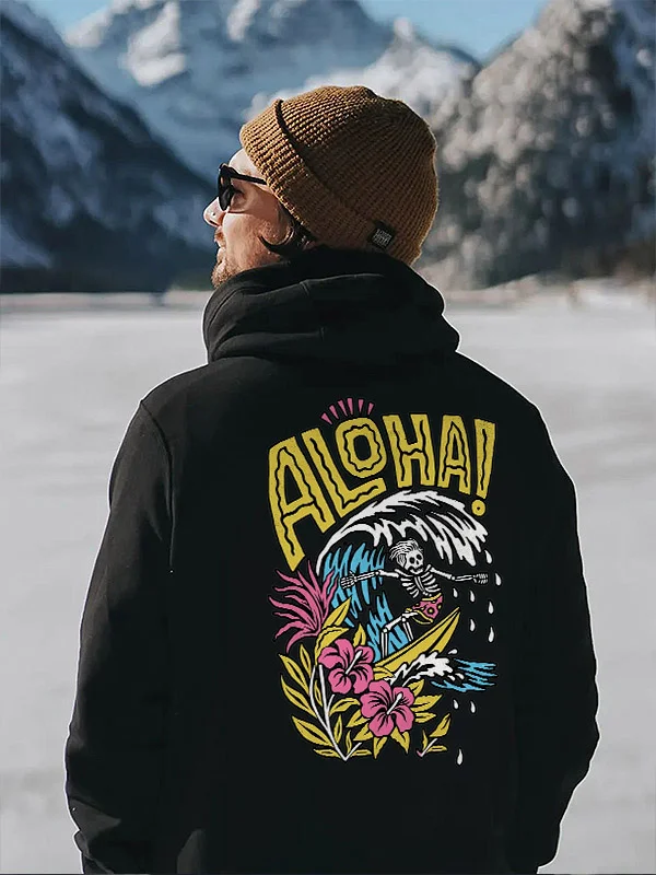 Aloha! Surf Skeleton Printed Hoodie