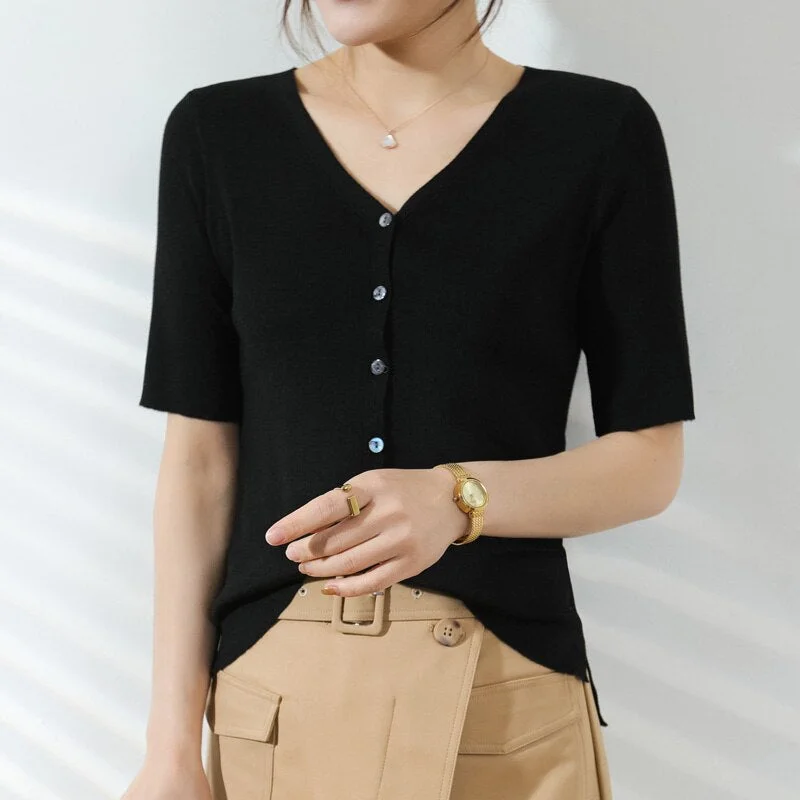 Spring And Summer New Knitted Fine Imitation Wool Short-Sleeved T-Shirt Women&#39;s Fashion All-Match Trend Half-Sleeve Cardigan