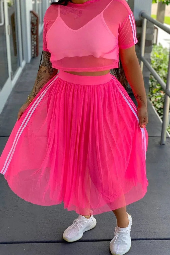 Fashion  Mesh Short-Sleeve Top Skirt Two-Pieces