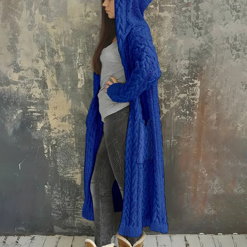 Women'S Solid Color Hooded Knitted Cardigan