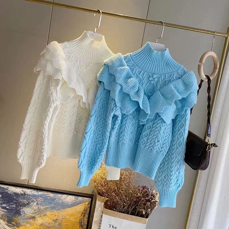 Churchf Churchf New Autumn And Winter Princess Wind Add Thick Versatile Western Style Jacket High Collar Temperament White Twist Heavy Industry Sweater Female