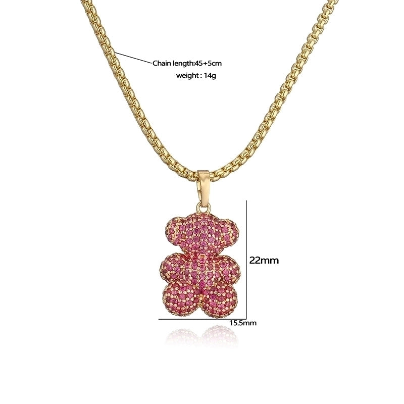 Sweet Light Luxury Copper Inlaid Color Diamond Sitting Standing Bear Necklace Female Personalized Hip Hop Love Bear Cross Chain Necklace