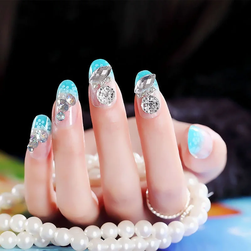 Wedding Beauty Fake Nails DIY Glitter Acrylic Full Cover Nail Art Tips with Glue Girls Shining Rhinestones Fashion False Nail-Nail Inspo