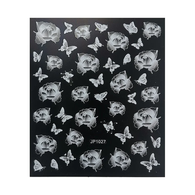 5D White Nail Sticker Rose Flower Engraved Embosse Design Transfer Decals Slider Wraps DIY Nail Art Decoration Accessories