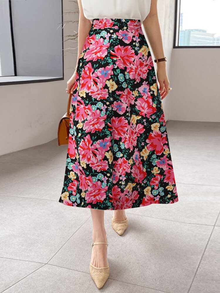 Allover Flower Print A-line Elastic Waist Women Skirt