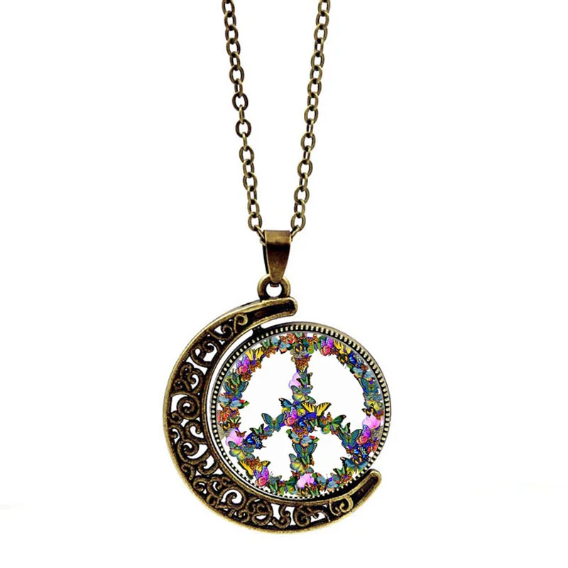Peace logo time crystal pendant Vintage sweater chain