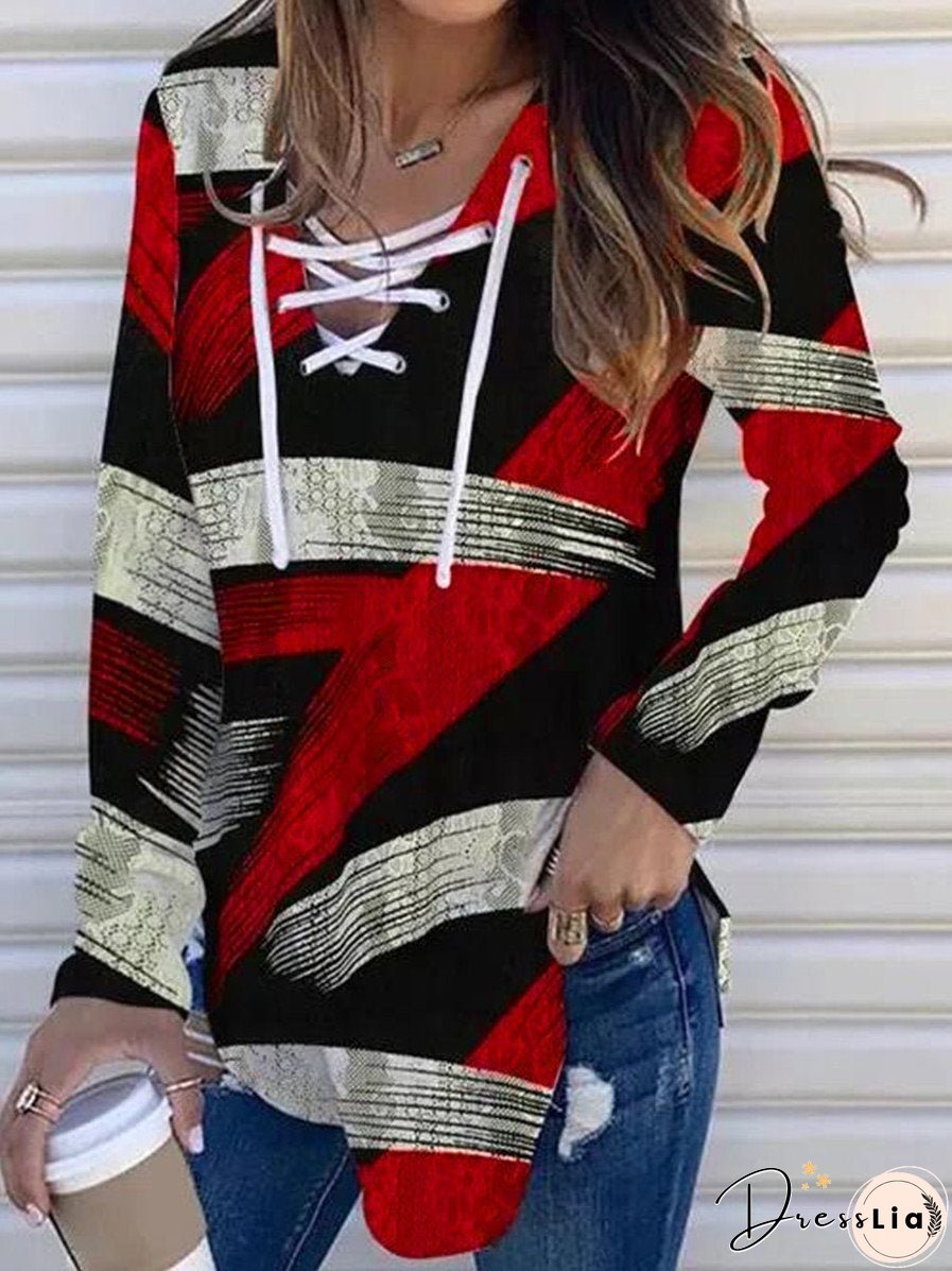 Women's T-Shirts V-Neck Tie Cloth Printed Long Sleeve T-Shirt