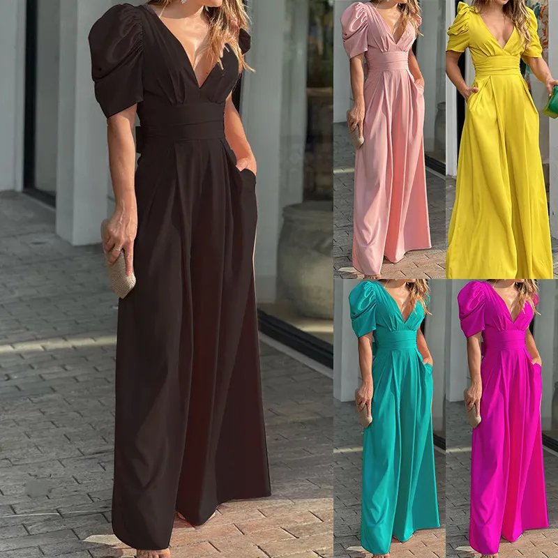 Uveng Uveng 2024 New Women's Short-Sleeved Fashion Elegant Plus-Size Wide-Leg Jumpsuit