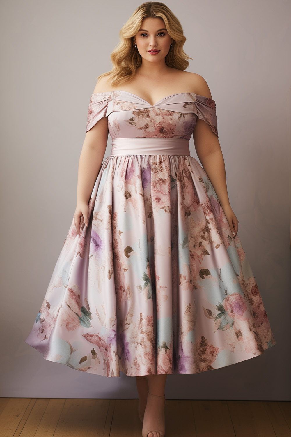 Flycurvy Plus Size Wedding Guest Pink Satin Floral Print Off The Shoulder Empire Waist Tea-Length Dress