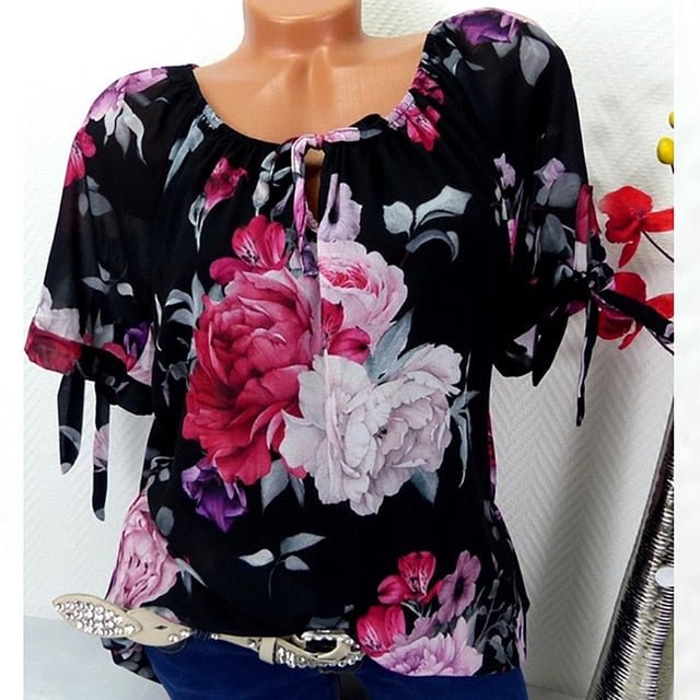 S-5xl Plus Size Tops Office Women Short Sleeve Blouse Vintage Floral Print Blouses Casual Chiffon Pullover Fashion Loose Shirt