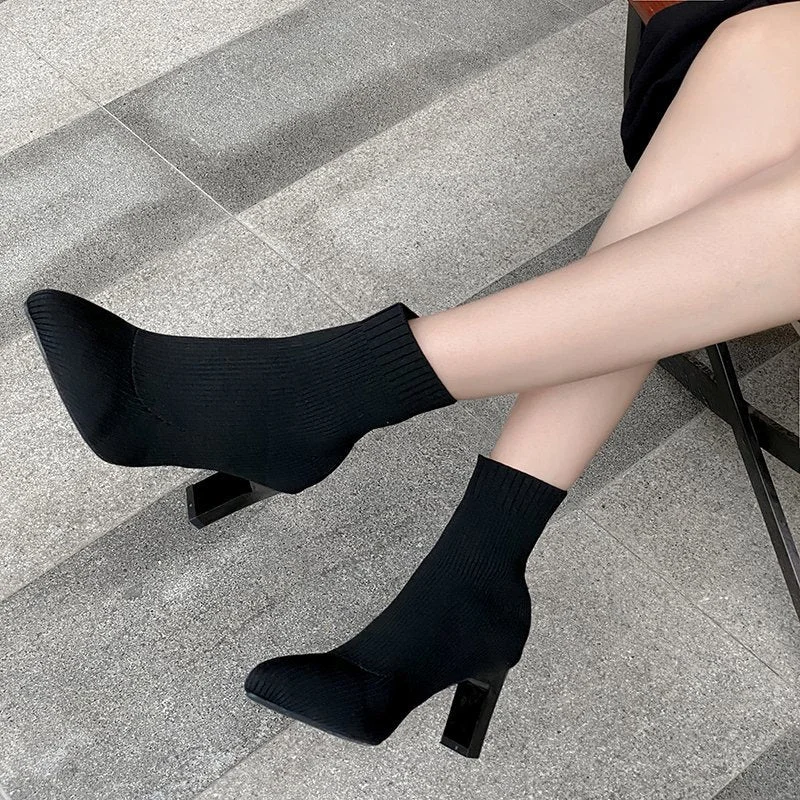 Sexy Knitting Boots High Heels Dress Shoes 2020 New Pointed Toe Fashion Booties Black Striped Stretch Fabric Botas Mujer