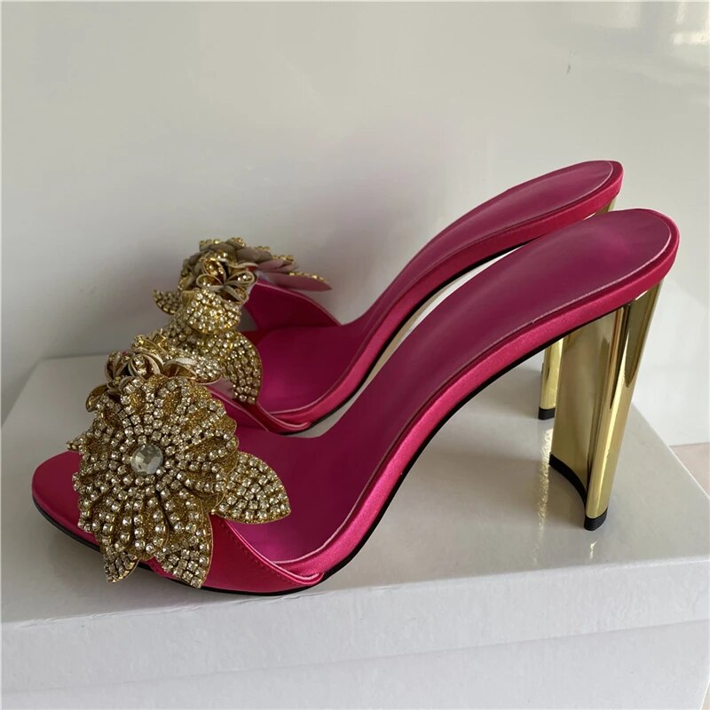 VCSHOES Gold Rhinestone Flower Decor Banquet Shoes Metal Hoof Heel Satin Open Toes Slim High Heel Sandals Women